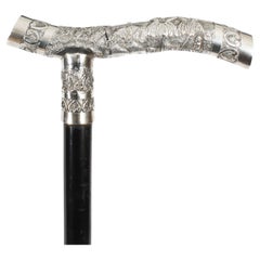 Antique Oriental Silver Handle Walking Stick Cane 19th Century