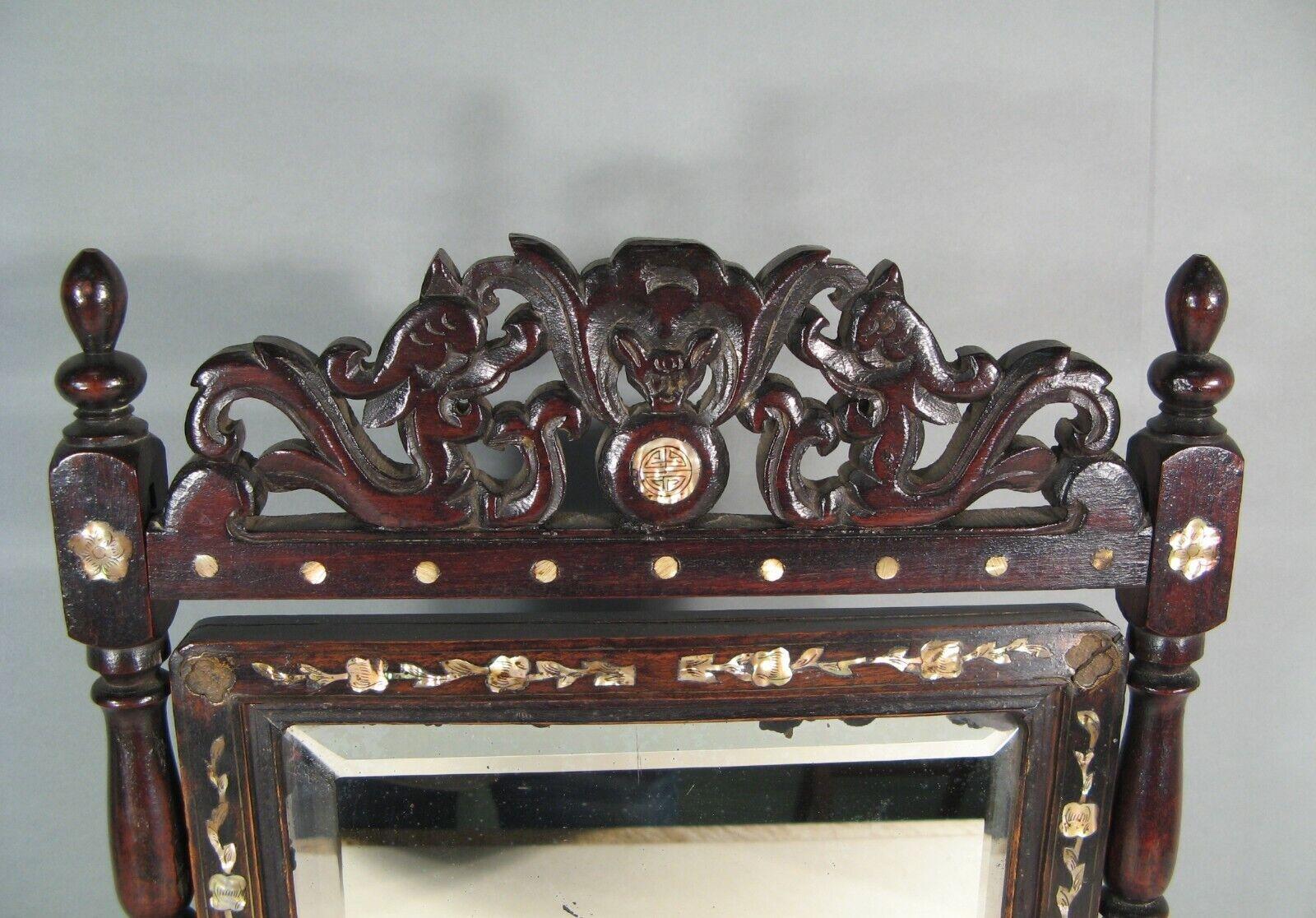 Empire Antique Oriental Style Barber's Table Psyche Mirror in Blackened Wood - 1Y176