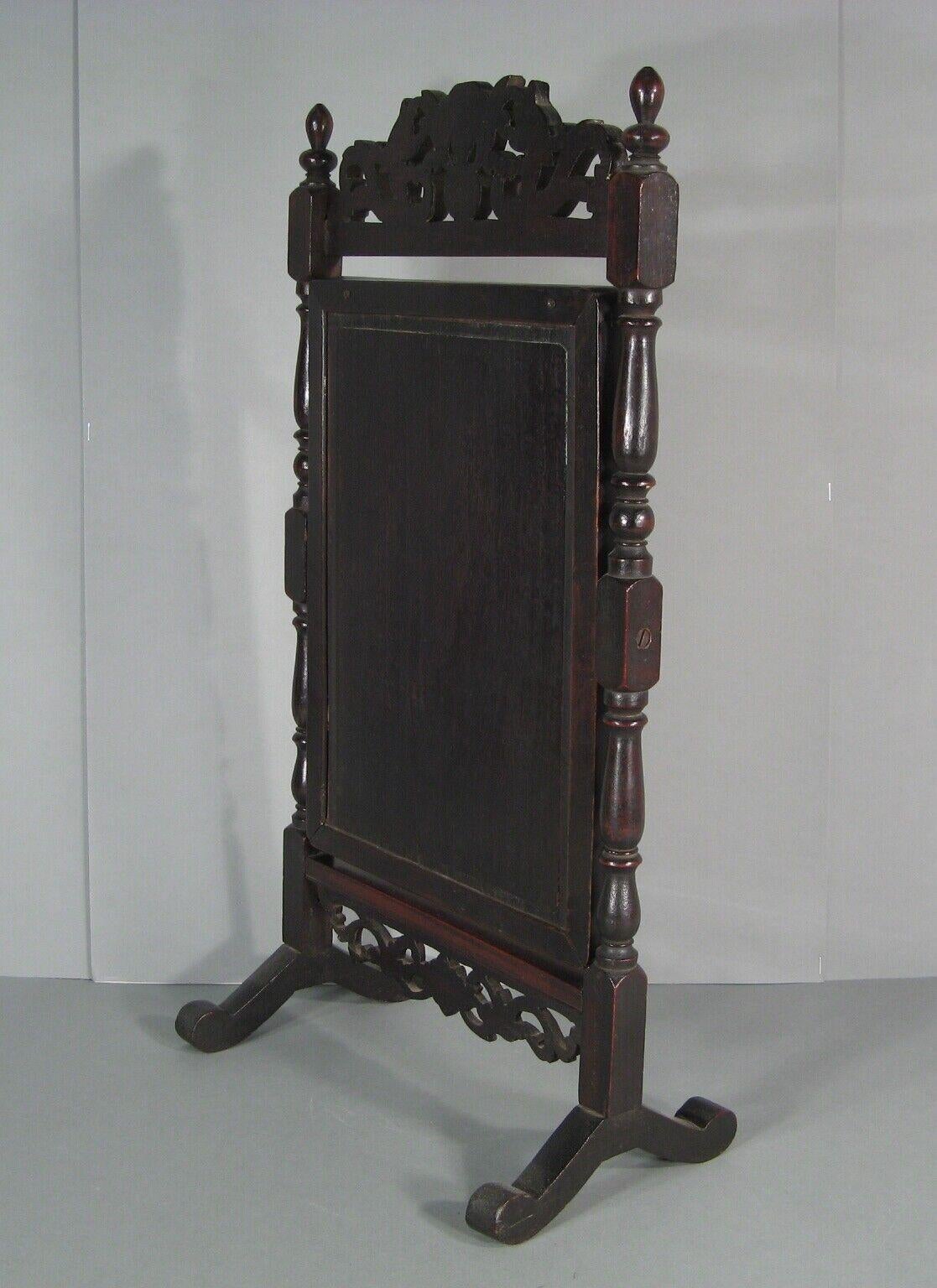 Antique Oriental Style Barber's Table Psyche Mirror in Blackened Wood - 1Y176 1