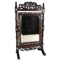 Antiguo Espejo Psique de Mesa de Barbero Estilo Oriental en Madera Ennegrecida - 1Y176