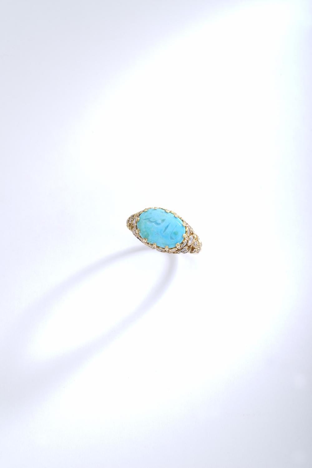 Antique Oriental Turquoise Diamond Ring In Excellent Condition In Geneva, CH