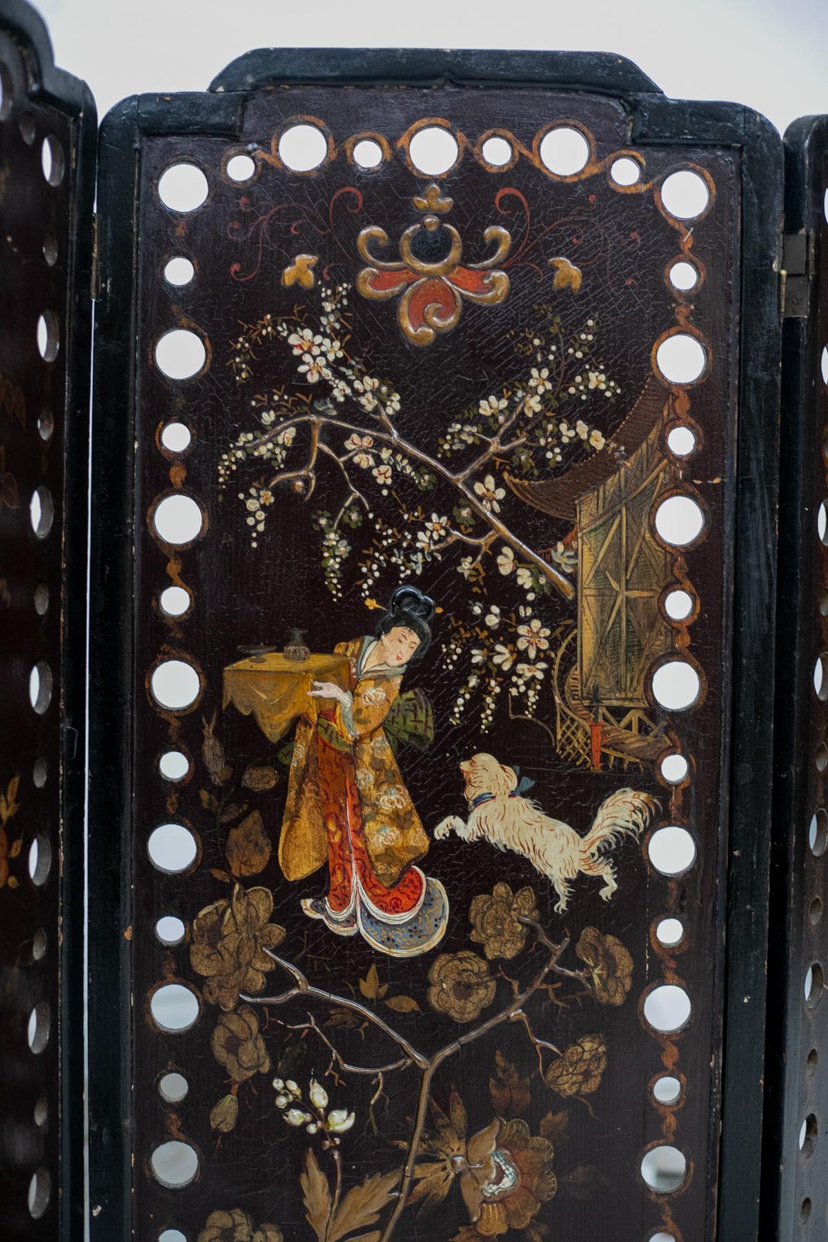 Antique Oriental Wooden Screen with English Lacquer 1