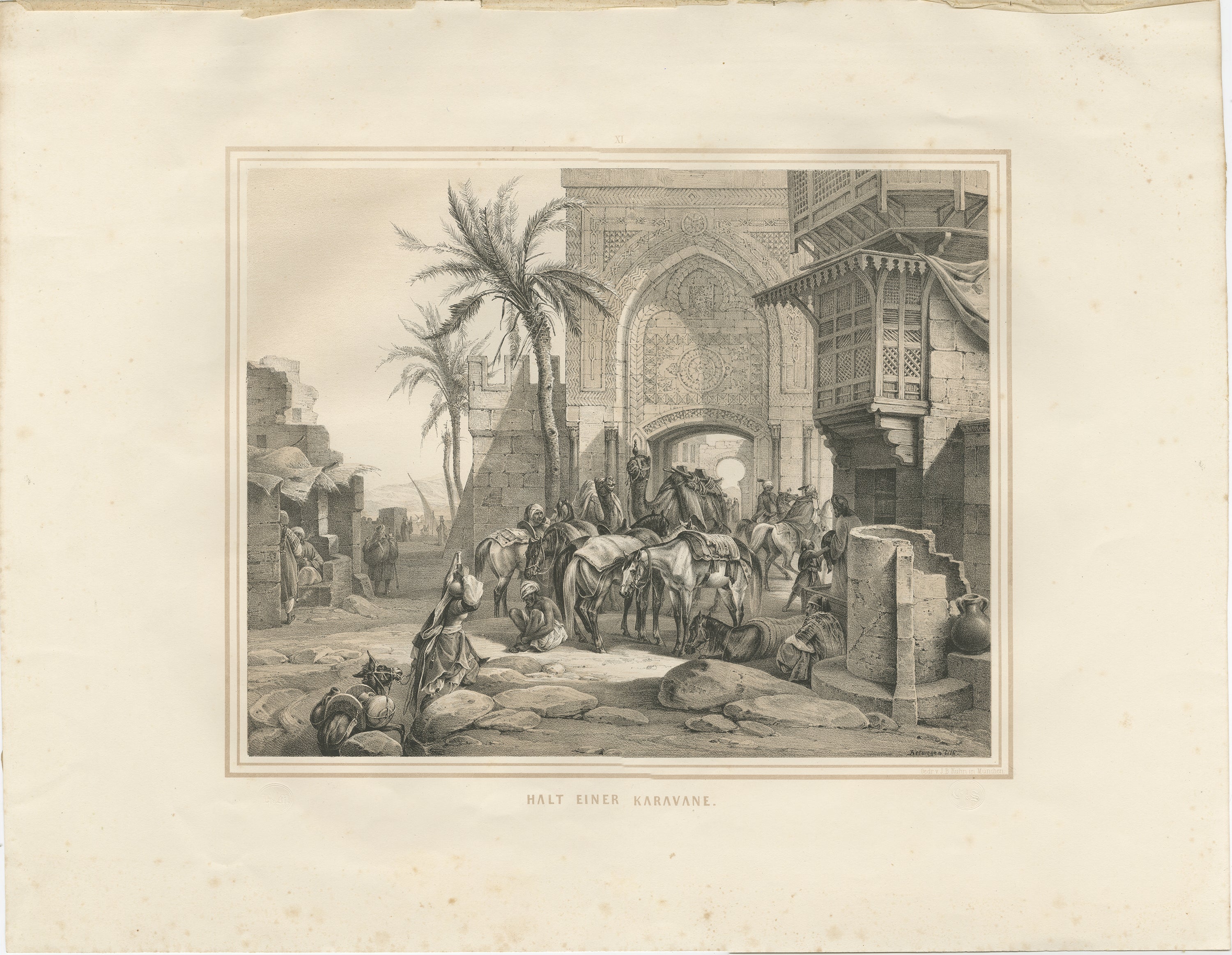 Antike orientalische Karawane am ruhenden Stadttor, Szene aus Maximilian, 1846

Dieser detailreiche orientalische Stich aus dem 19. Jahrhundert zeigt eine Karawane, die am Tor einer orientalischen Stadt anhält und einen Moment des Innehaltens und