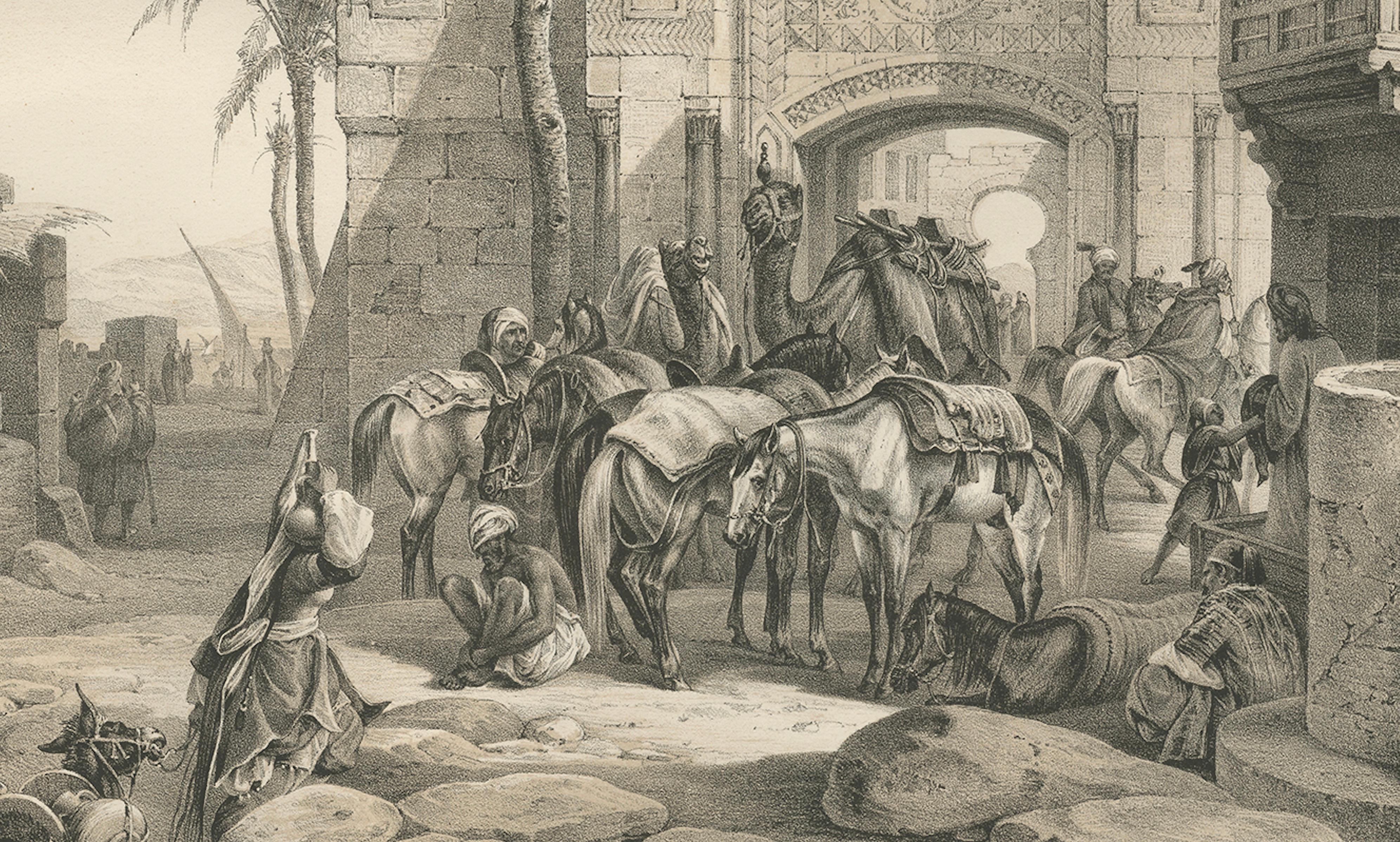 Antike orientalische Karawane am ruhenden Stadttor, Szene aus Maximilian, 1846 im Zustand „Gut“ im Angebot in Langweer, NL