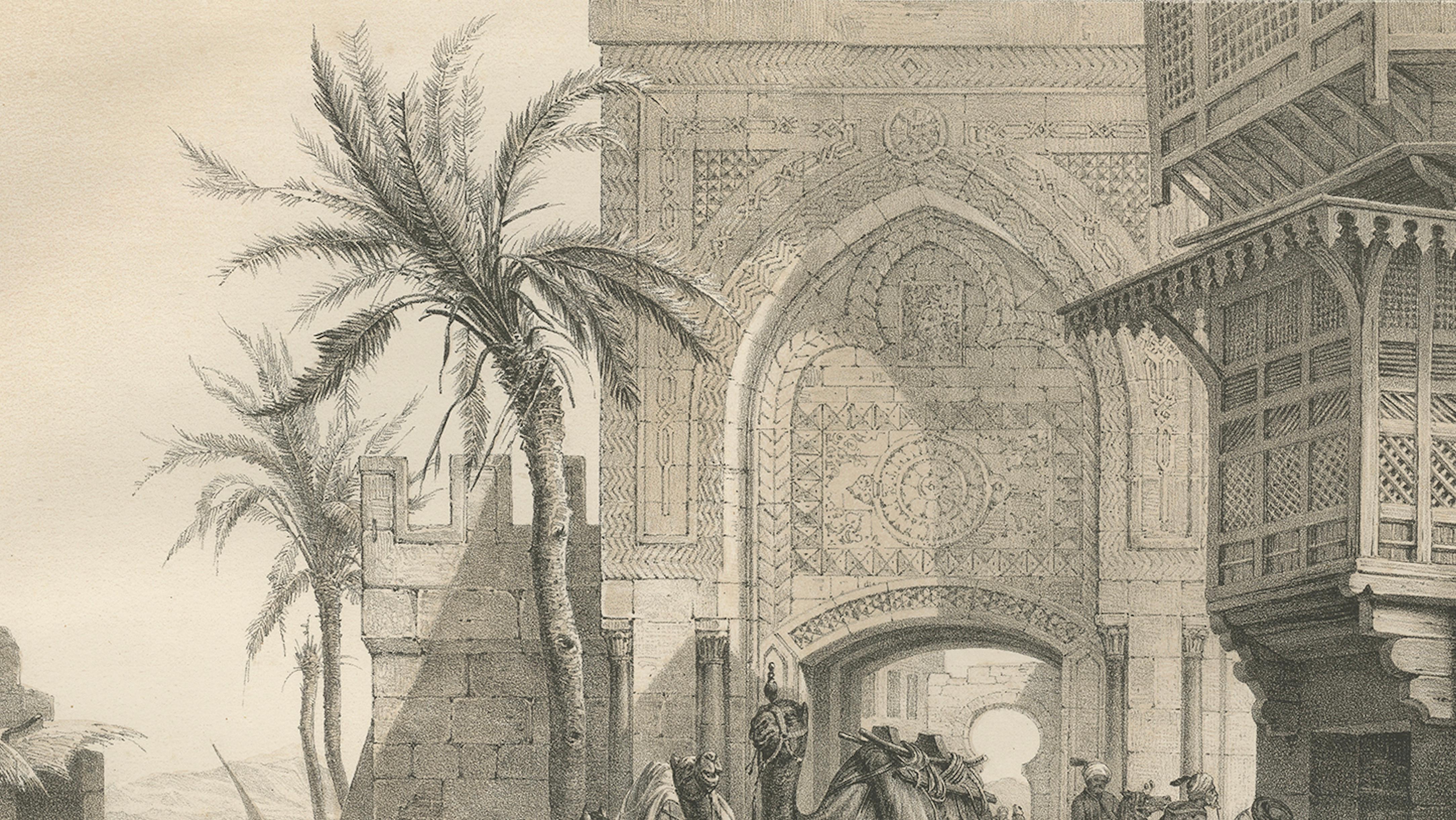 Antike orientalische Karawane am ruhenden Stadttor, Szene aus Maximilian, 1846 (Papier) im Angebot