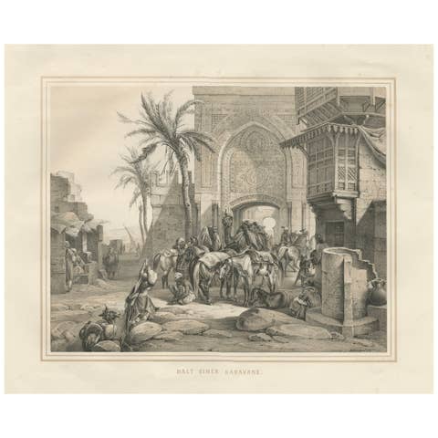 Antique Orientalist Caravan at Rest City Gate Scene from Maximilian, 1846