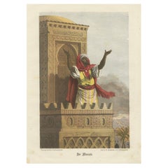 Stampa antica orientalista a colori "Der Muezzin" Scena di moschea, 1850 ca.
