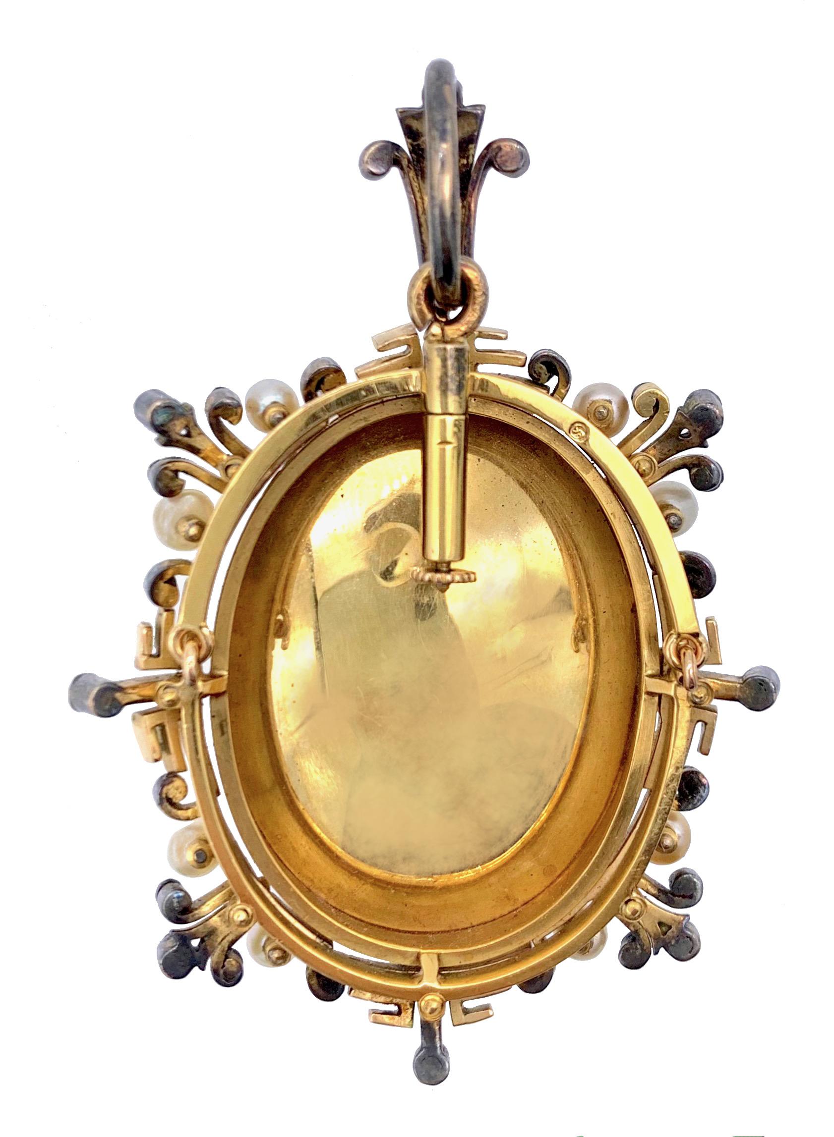 Rose Cut Antique Orientalist Enamel 18 Karat Gold Pendant Oriental Pearls Rose Diamonds