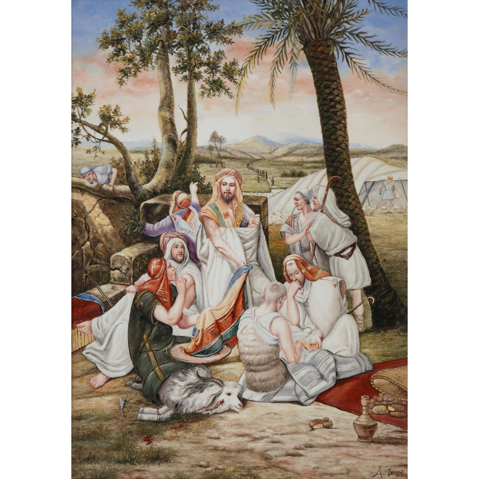 Orientalist German Painted KPM style porcelain plaque,
German, 20th century
Measures: Frame: Height 81cm, width 61cm, depth 5cm
Plaque: Height 69cm, width 48cm, depth 0.5cm

This beautifully porcelain plaque is painted in a charming manner, with