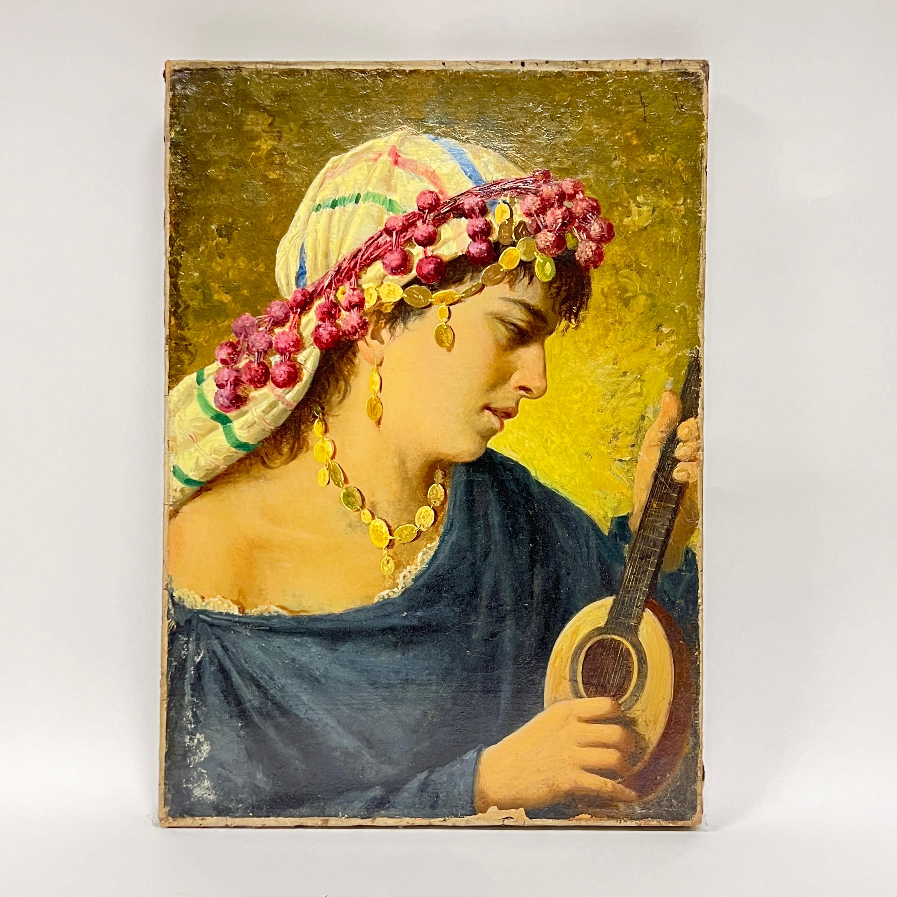 Hand-Painted Antique Orientalist Oil Painting Depicting Female Playing Stringed Instrument For Sale