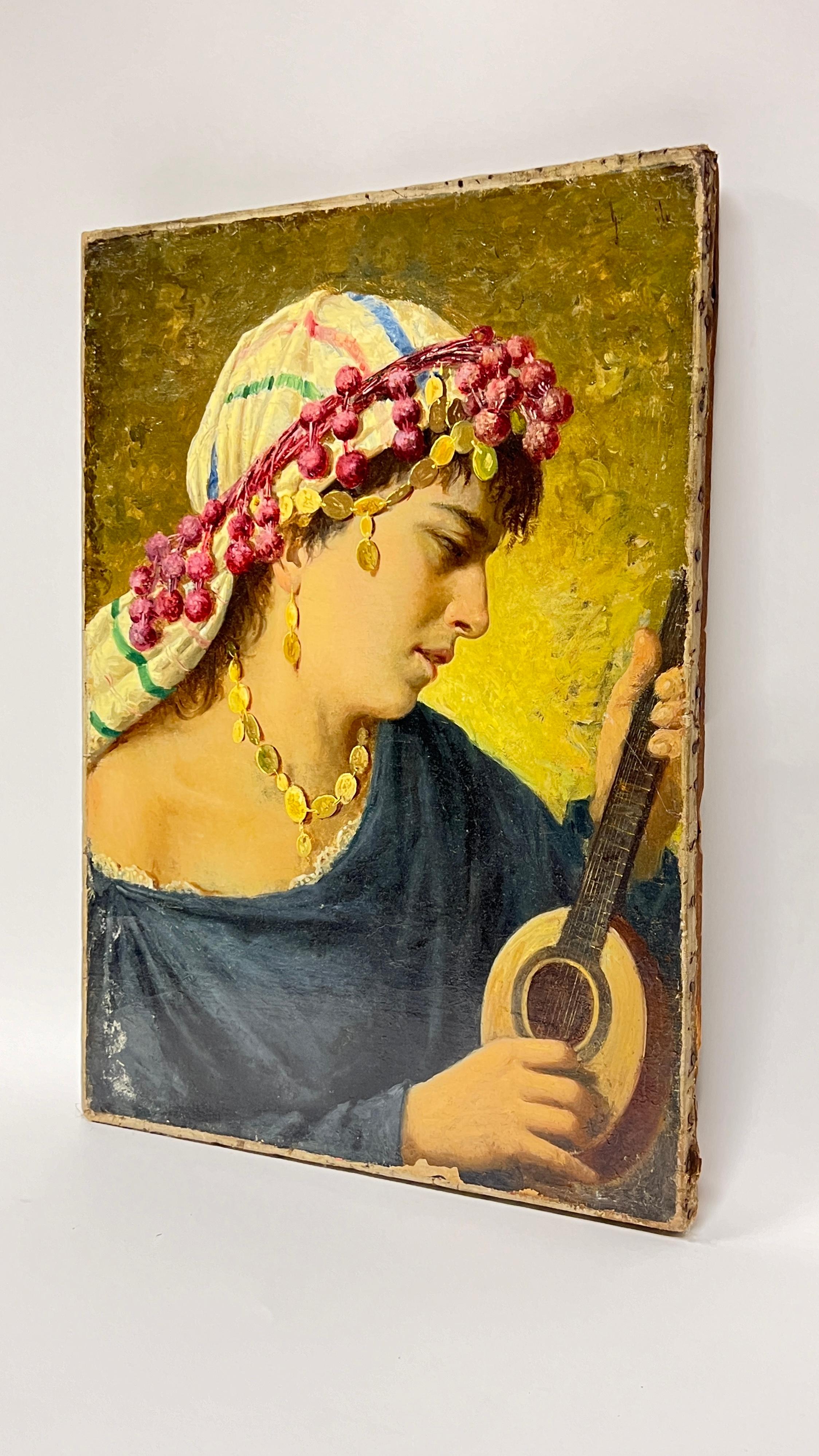 19th Century Antique Orientalist Oil Painting Depicting Female Playing Stringed Instrument For Sale