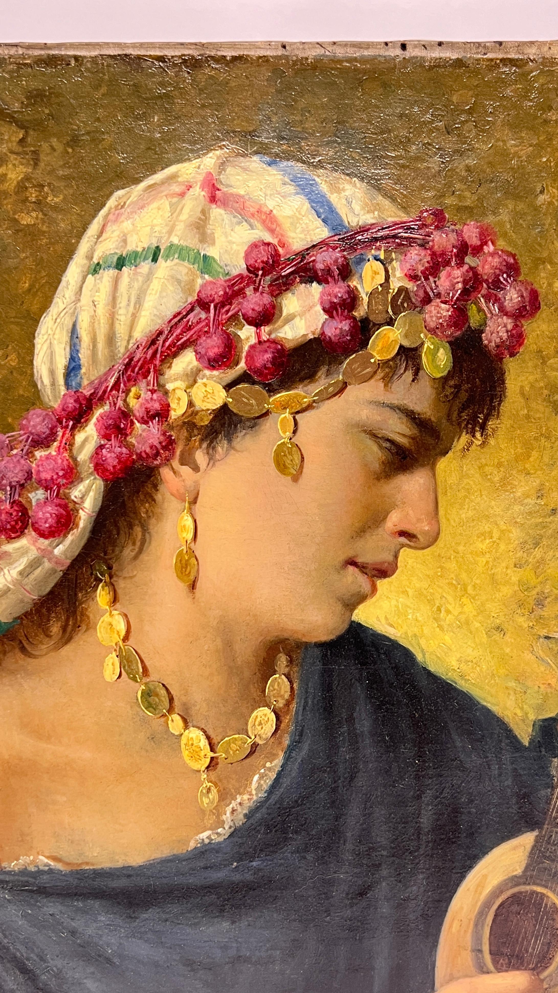 Canvas Antique Orientalist Oil Painting Depicting Female Playing Stringed Instrument For Sale