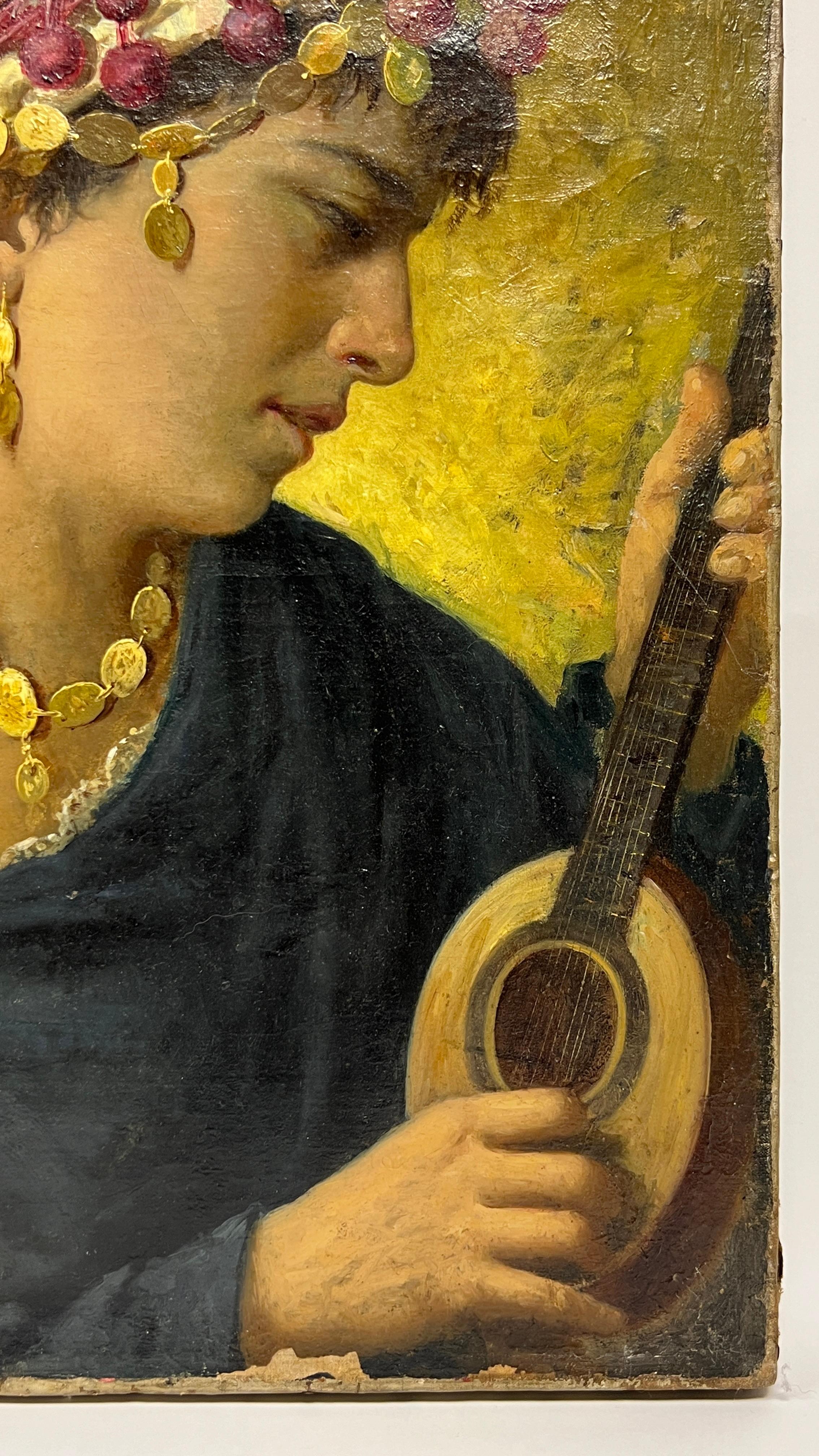 Antique Orientalist Oil Painting Depicting Female Playing Stringed Instrument For Sale 1