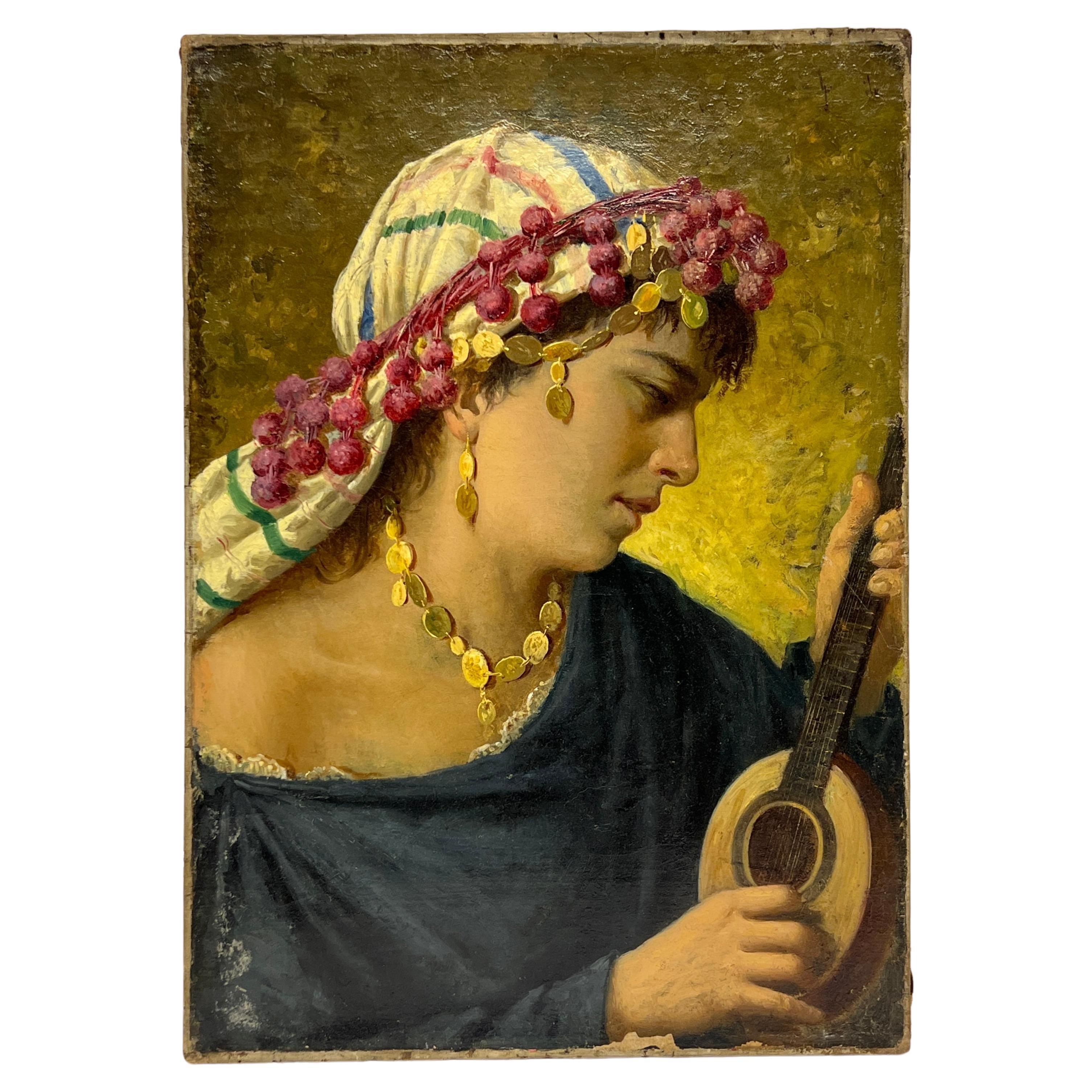 Antique Orientalist Oil Painting Depicting Female Playing Stringed Instrument For Sale