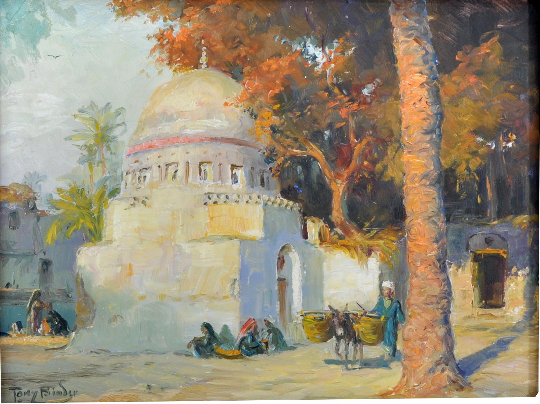 Antique orientalist painting of Cairo, Egypt by Anton 'Tony' Binder (1868-1944), oil on panel, circa 1895. The painting depicting a village scene in Cairo with a mosque and trees to the background, to the foreground a scene of village life with