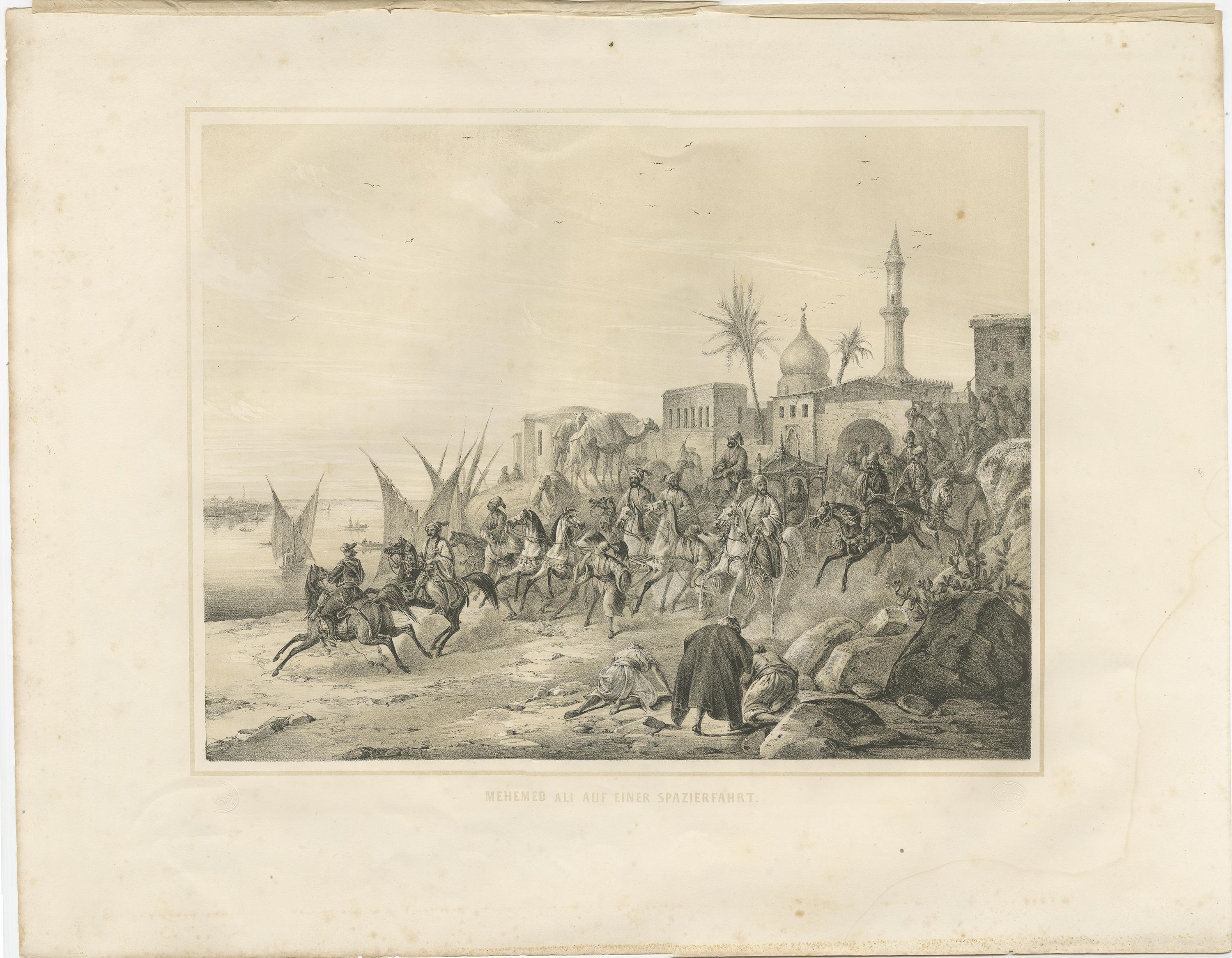 Antike orientalische Prozession von Mehmed Ali auf dem Nil, Ägypten, 1846

Dieser dramatische und fein ausgeführte orientalistische Stich aus dem 19. Jahrhundert zeigt Mehmed Ali Pascha von Ägypten während eines feierlichen Ausflugs, bei dem er eine