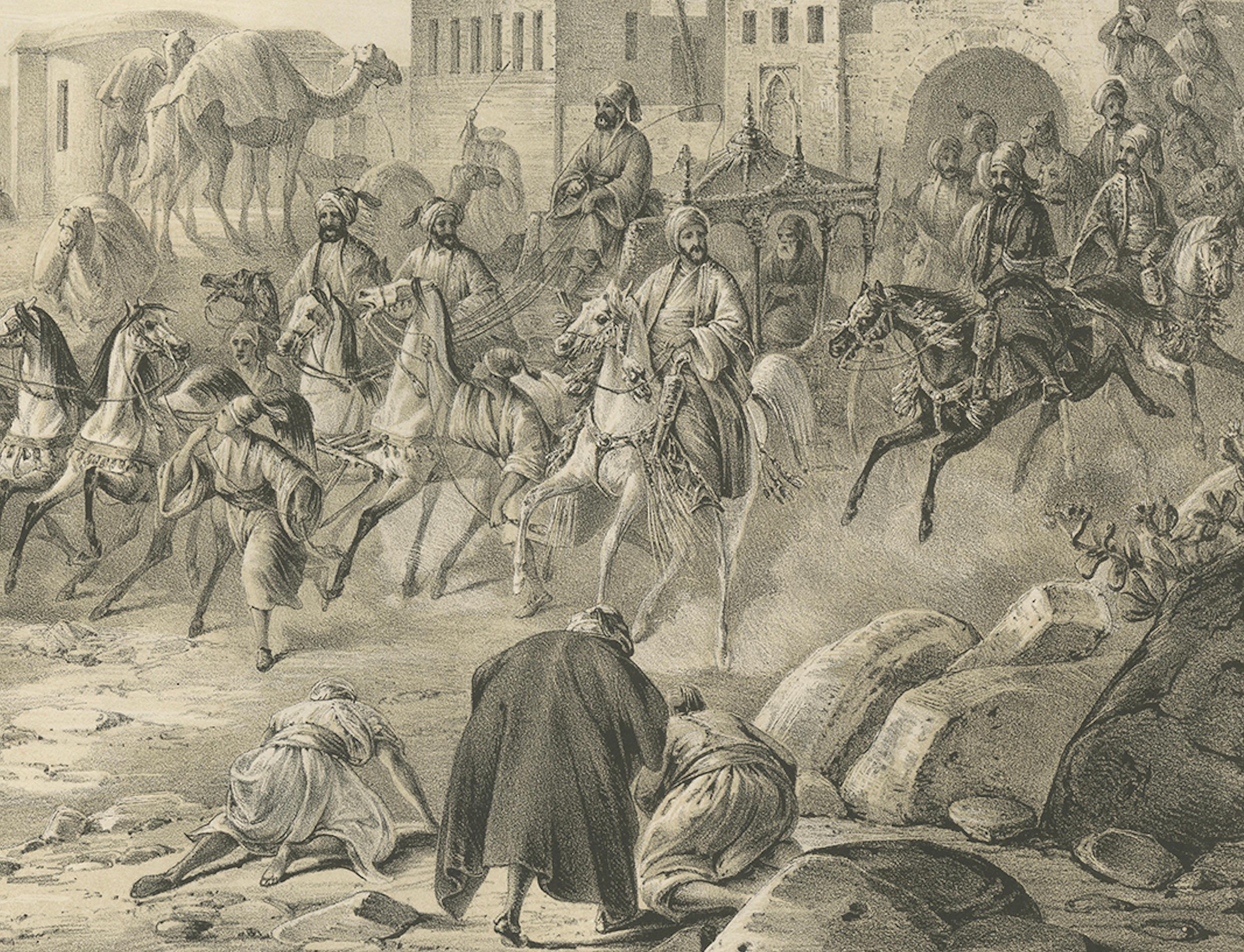 Antike orientalische Prozession von Mehmed Ali Pascha auf dem Nil, Ägypten, 1846 (Papier) im Angebot