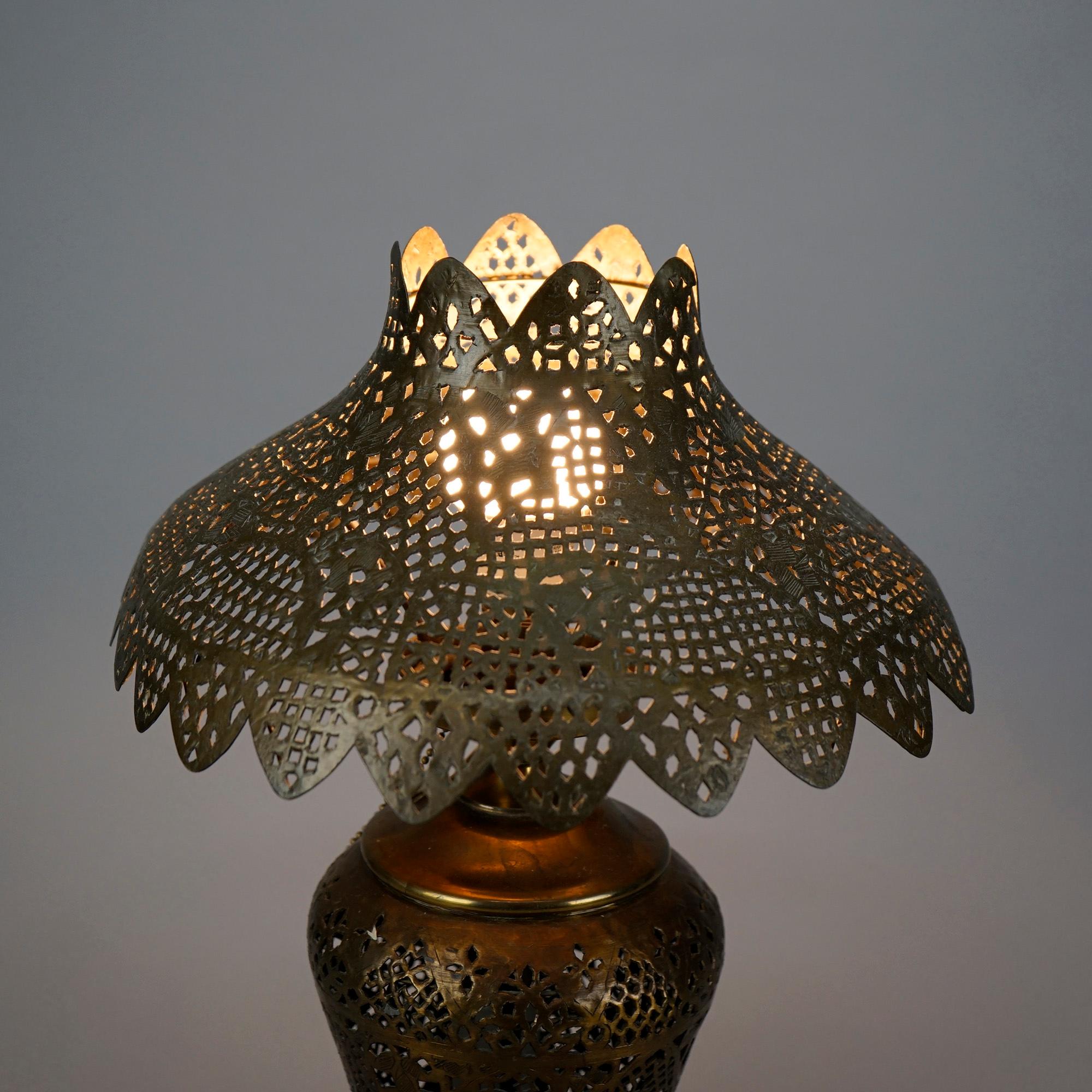 Asian Antique Orientalist Reticulated Brass Damascus Table Lamp Circa 1920