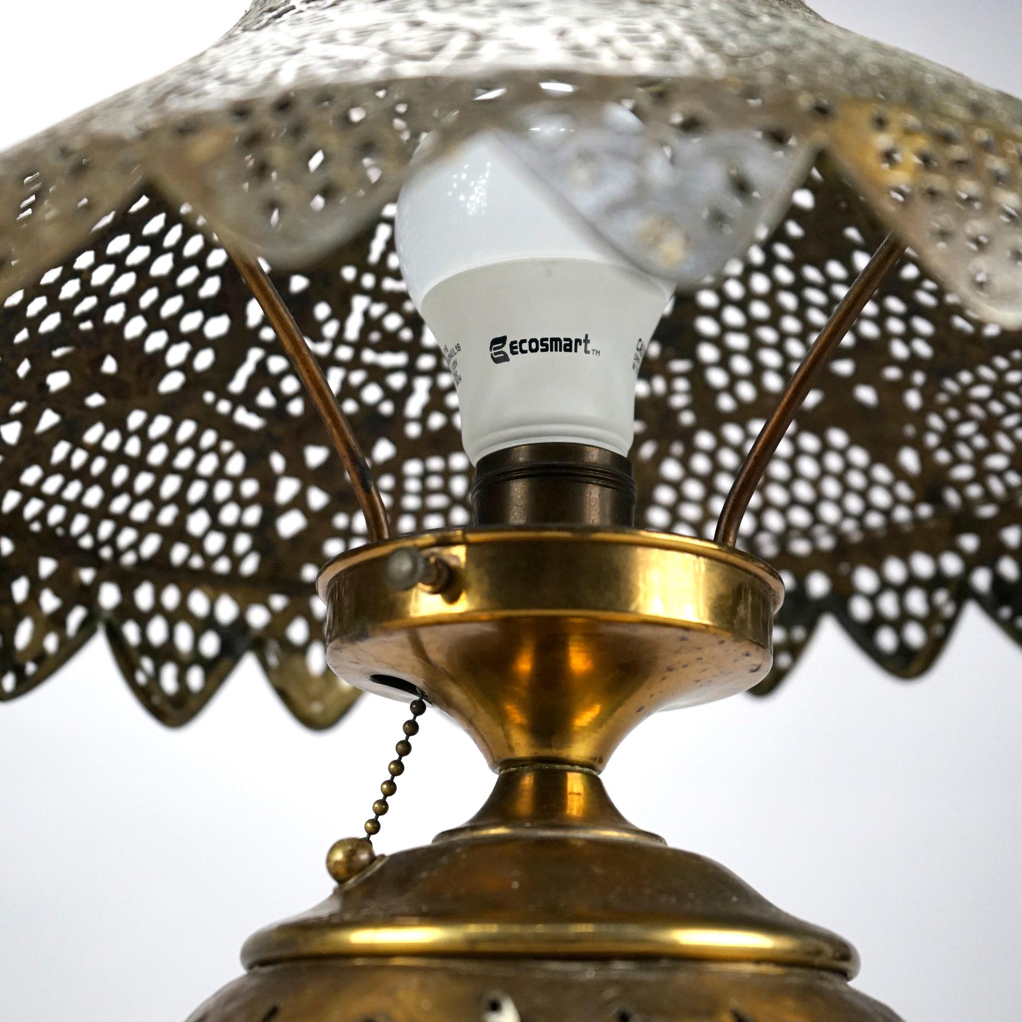 Antique Orientalist Reticulated Brass Damascus Table Lamp Circa 1920 In Good Condition In Big Flats, NY
