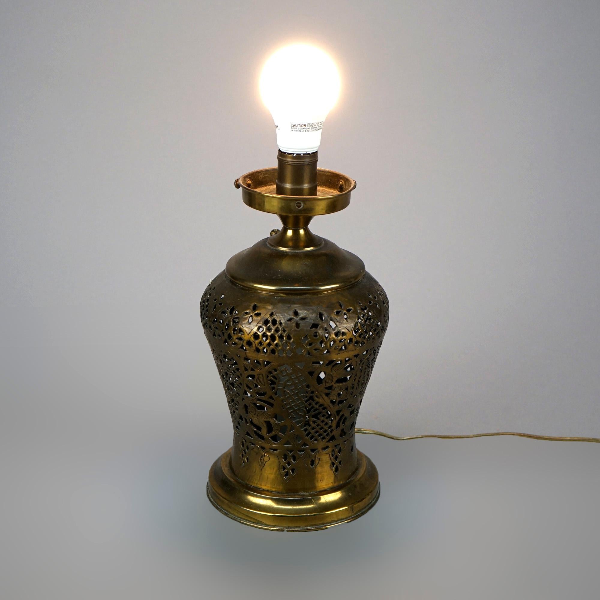 20th Century Antique Orientalist Reticulated Brass Damascus Table Lamp Circa 1920