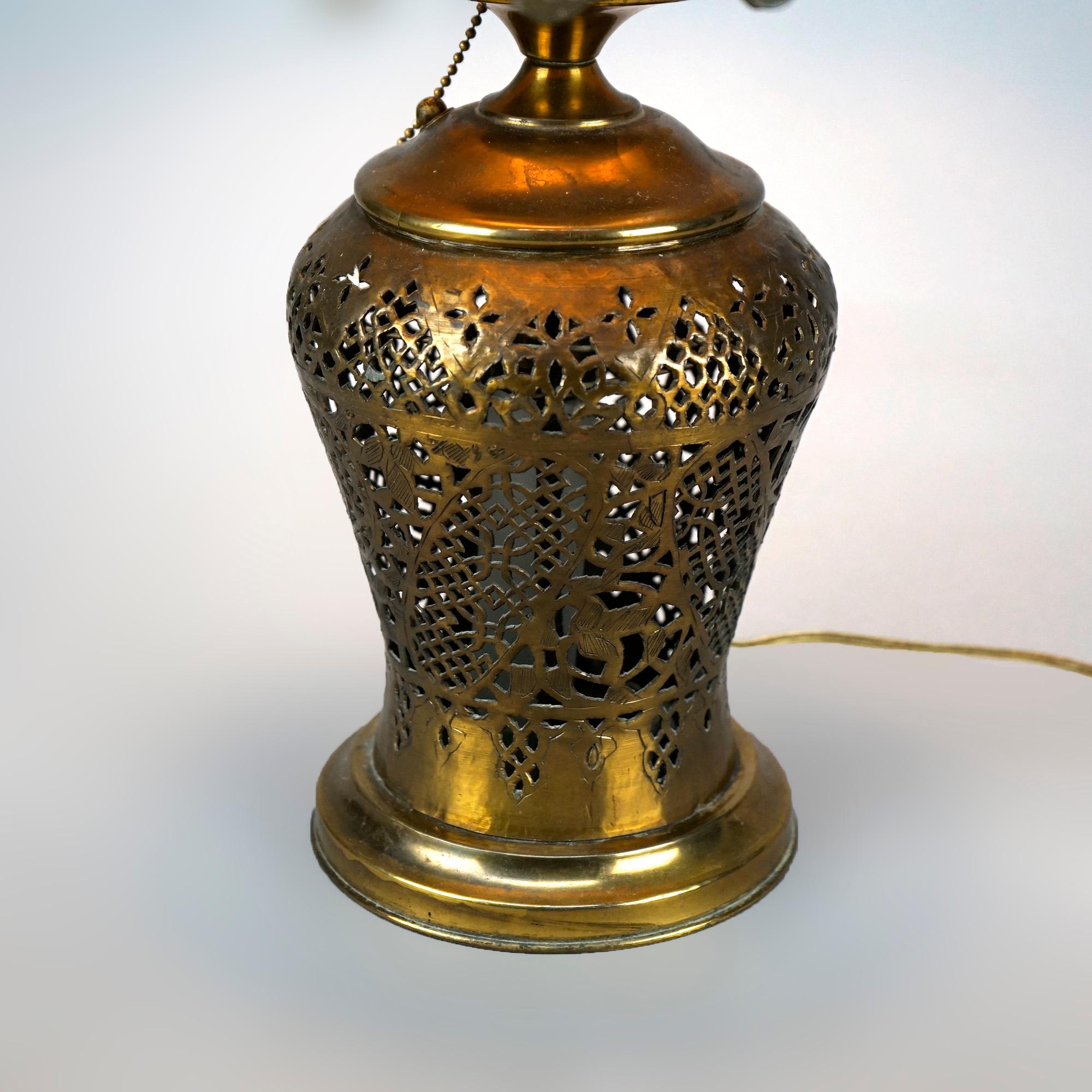 Antique Orientalist Reticulated Brass Damascus Table Lamp Circa 1920 1