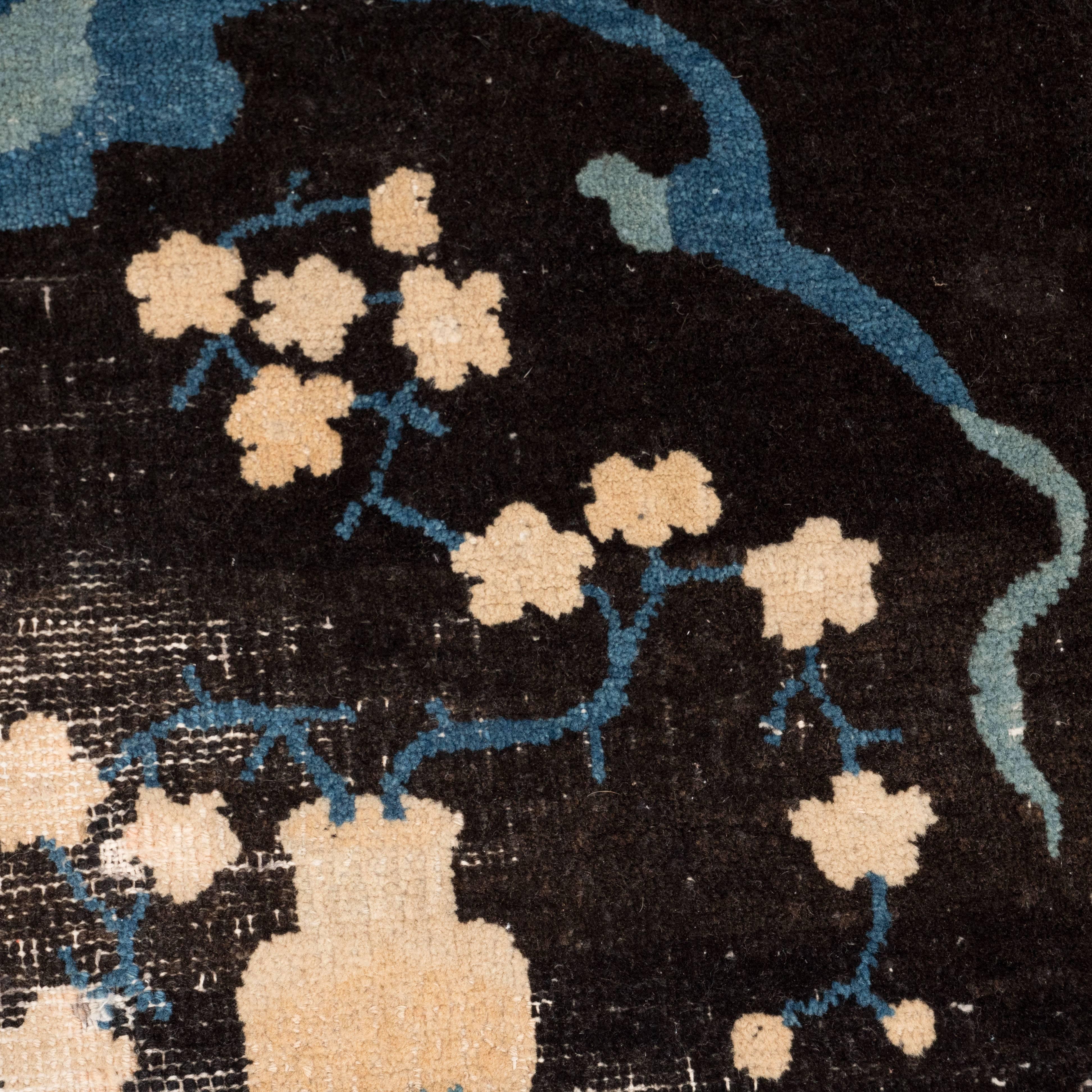 Chinese Antique Orientalist Rug with Floral Motifs in Bone and Blue Tones For Sale