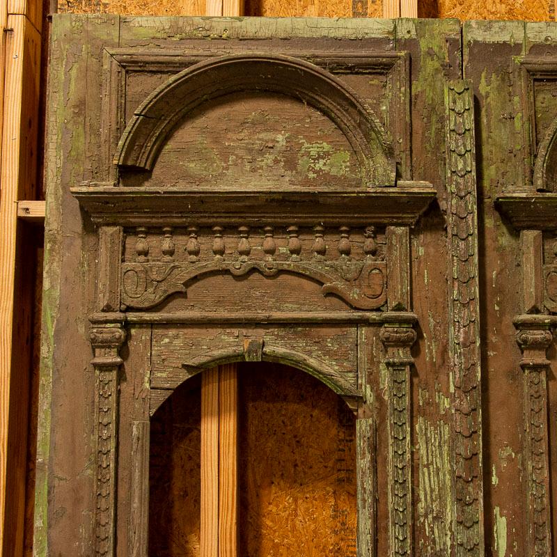 Hungarian Antique Original Tall Green Painted Carved Salvaged Doors from Hungary