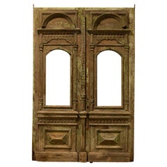 Antique Original Tall Green Painted Carved Salvaged Doors from Hungary