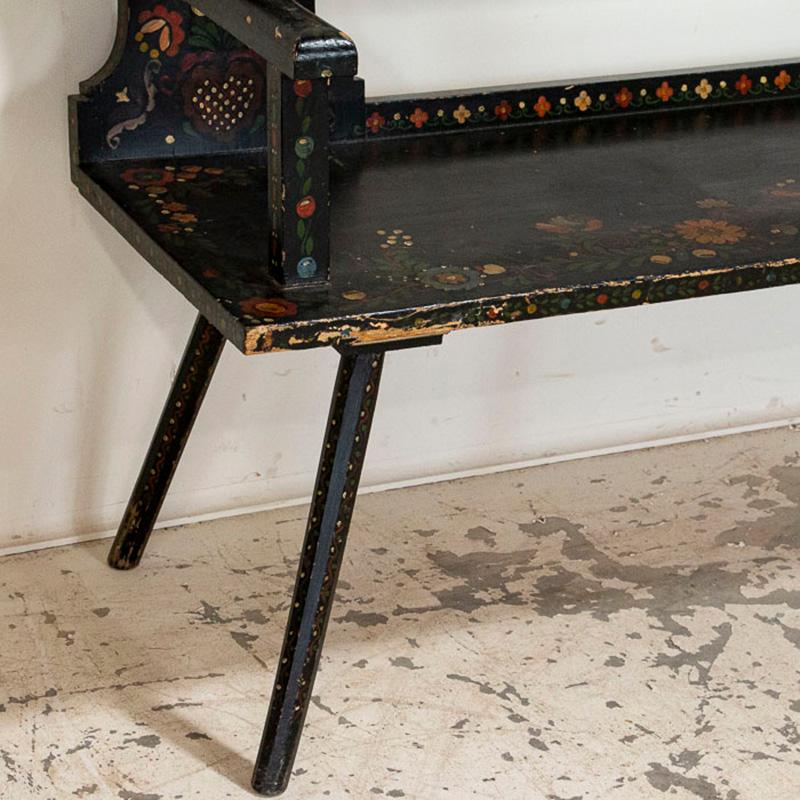 Romanian Antique Original Black Painted Bench with Bright Flowers