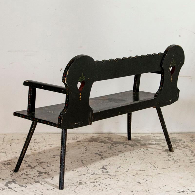 19th Century Antique Original Black Painted Bench with Bright Flowers