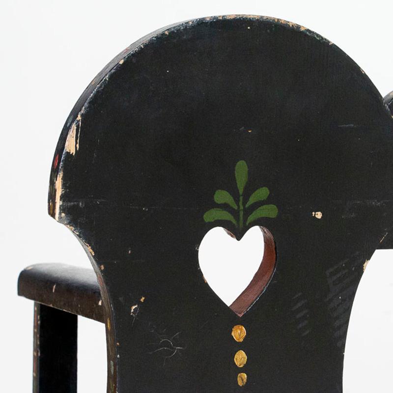 Wood Antique Original Black Painted Bench with Bright Flowers