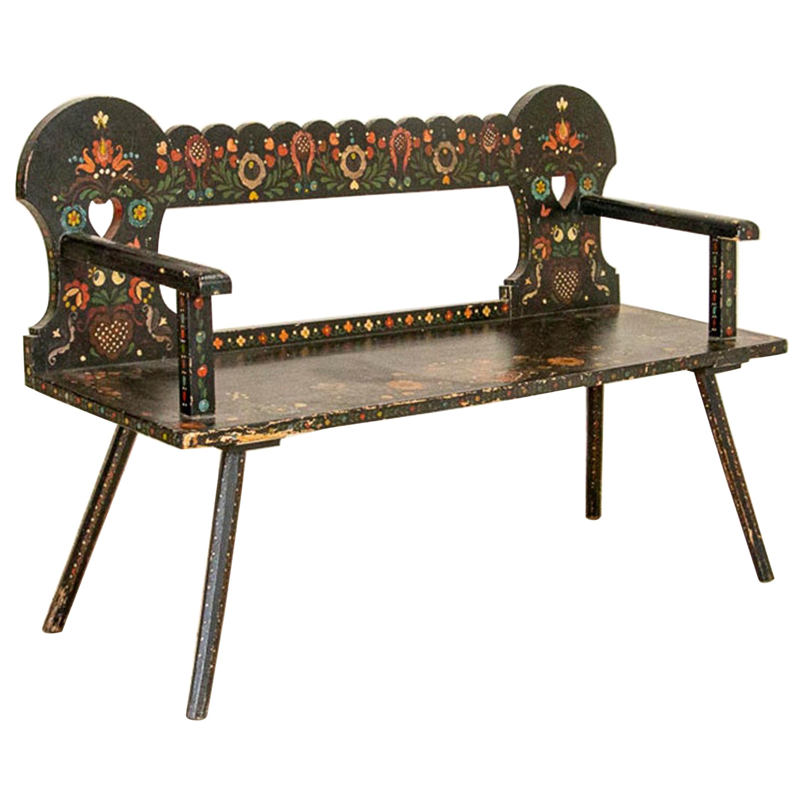 Antique Original Black Painted Bench with Bright Flowers
