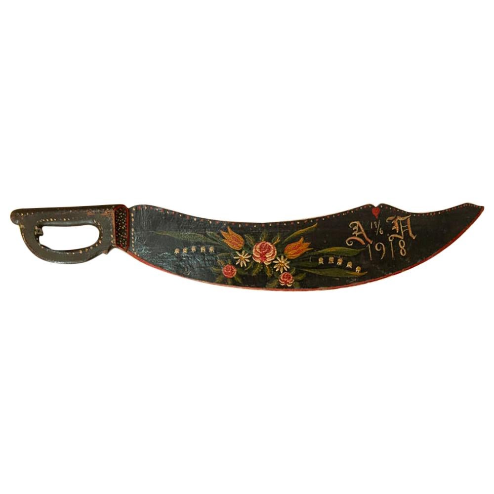 Antique Original Black Painted Flax Tool /Scutching Knife, Dated 1918 For Sale