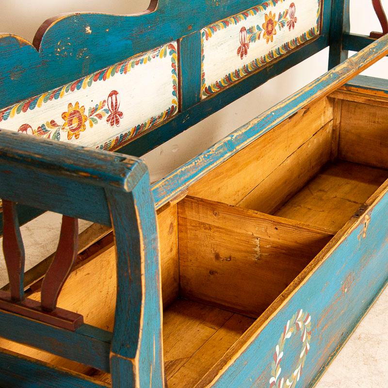 Hungarian Antique Original Blue Folk Art Painted Bench with Storage from Hungary