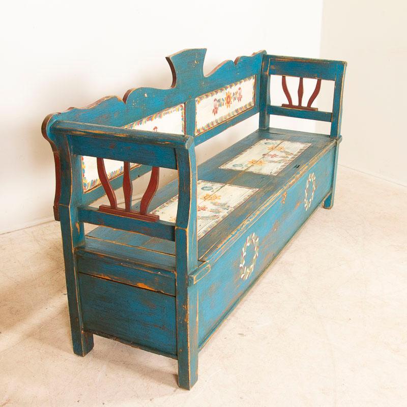 Antique Original Blue Folk Art Painted Bench with Storage from Hungary In Good Condition In Round Top, TX