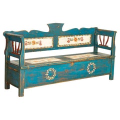 Antique Original Blue Folk Art Painted Bench with Storage from Hungary