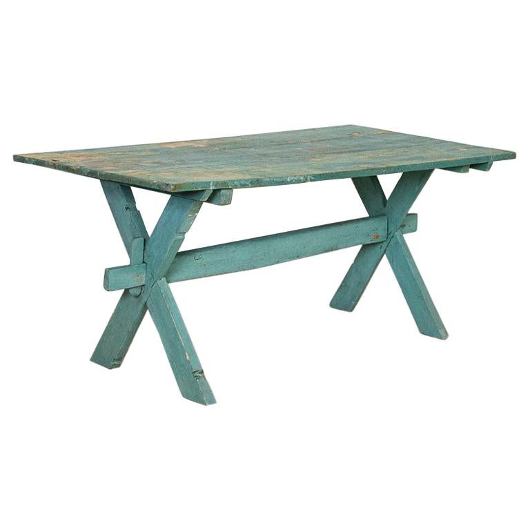 Antique Original Blue Green Painted, Old Farm Table