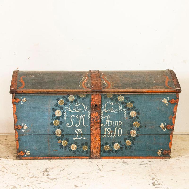 Swedish Antique Original Blue Hand Painted Dome Top Trunk, Sweden, Dated 1810
