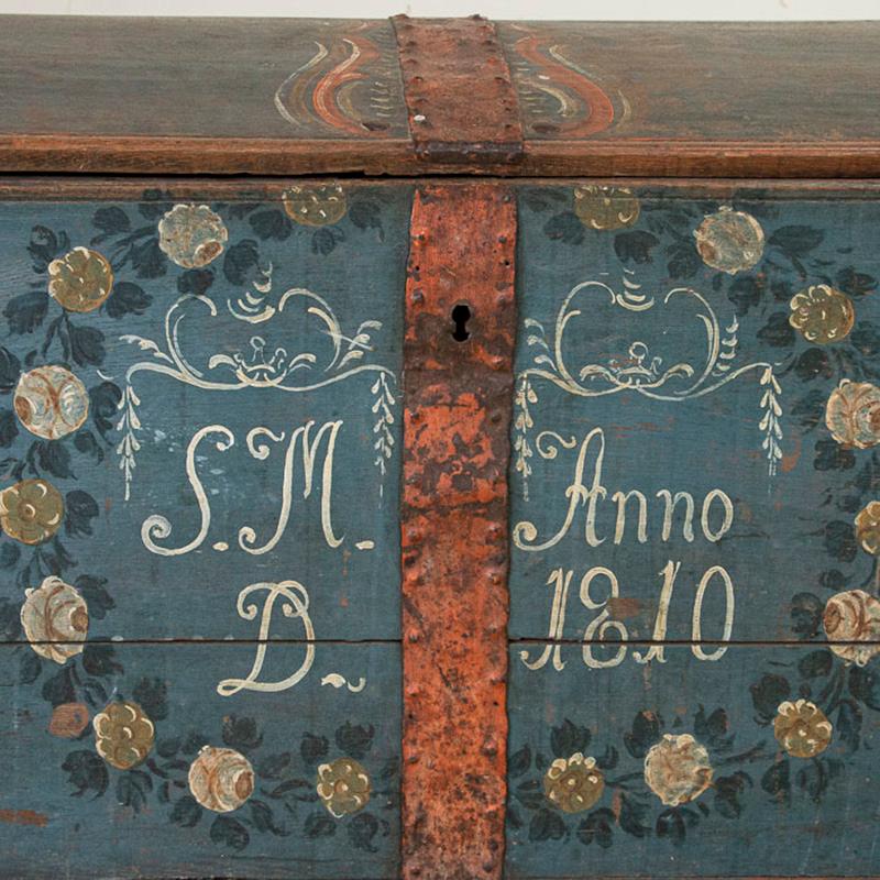 Antique Original Blue Hand Painted Dome Top Trunk, Sweden, Dated 1810 In Good Condition In Round Top, TX