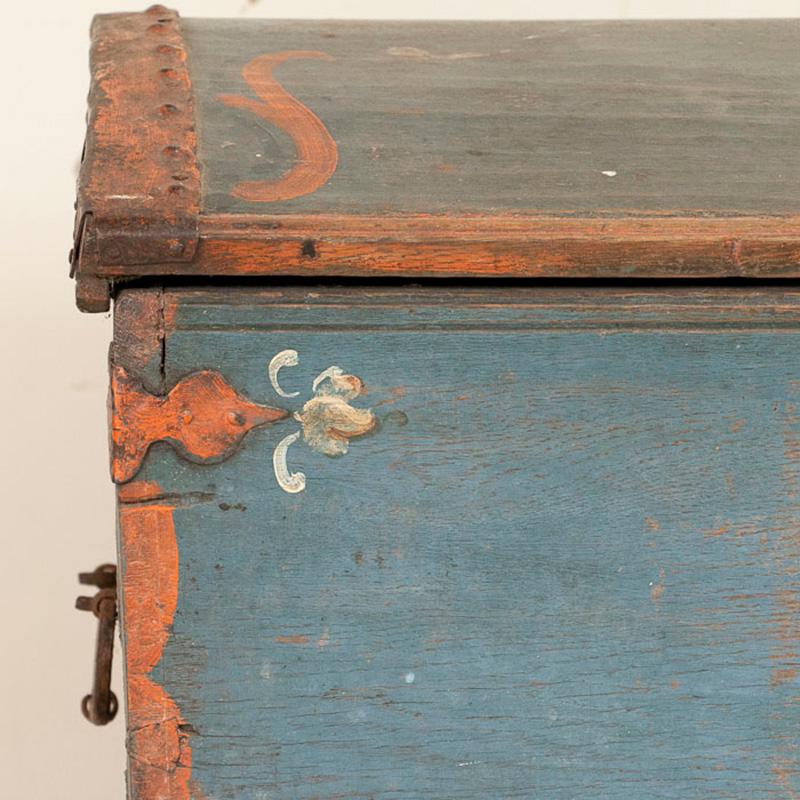 19th Century Antique Original Blue Hand Painted Dome Top Trunk, Sweden, Dated 1810