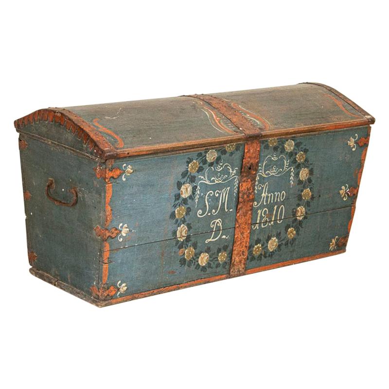 Antique Original Blue Hand Painted Dome Top Trunk, Sweden, Dated 1810