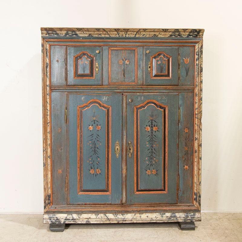 19th Century Antique Original Blue Painted Armoire Cabinet Dated 1803