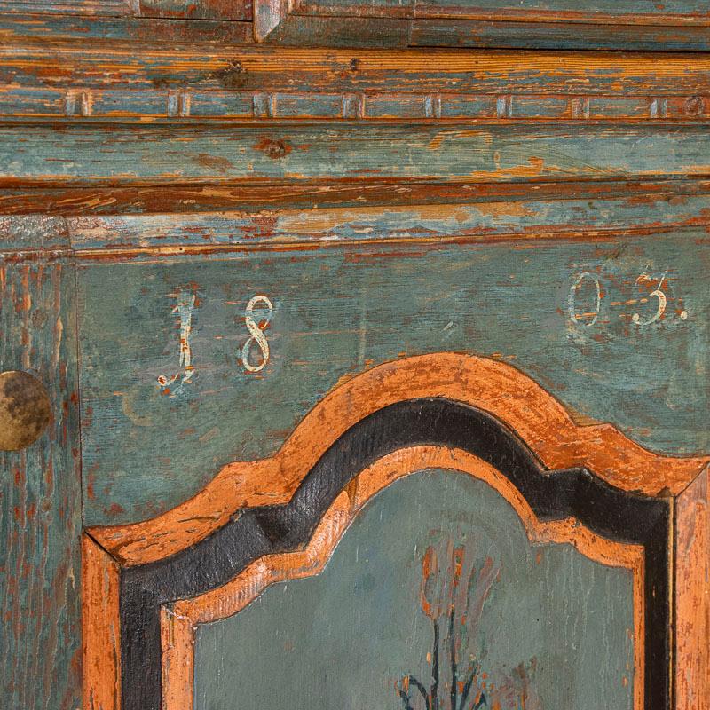 Antique Original Blue Painted Armoire Cabinet Dated 1803 3