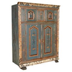 Antique Original Blue Painted Armoire Cabinet Dated 1803