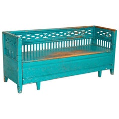 Antique Original Blue Painted Bench from Sweden