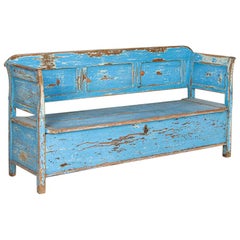 Antique Original Blue Painted Bench with Storage