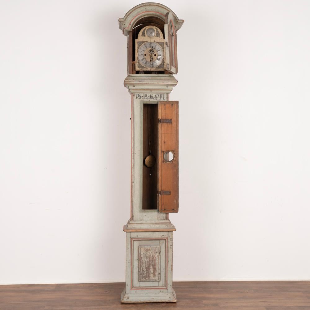 Gustavian Antique Original Blue Painted Grandfather Clock, Sweden Dated 1844 For Sale