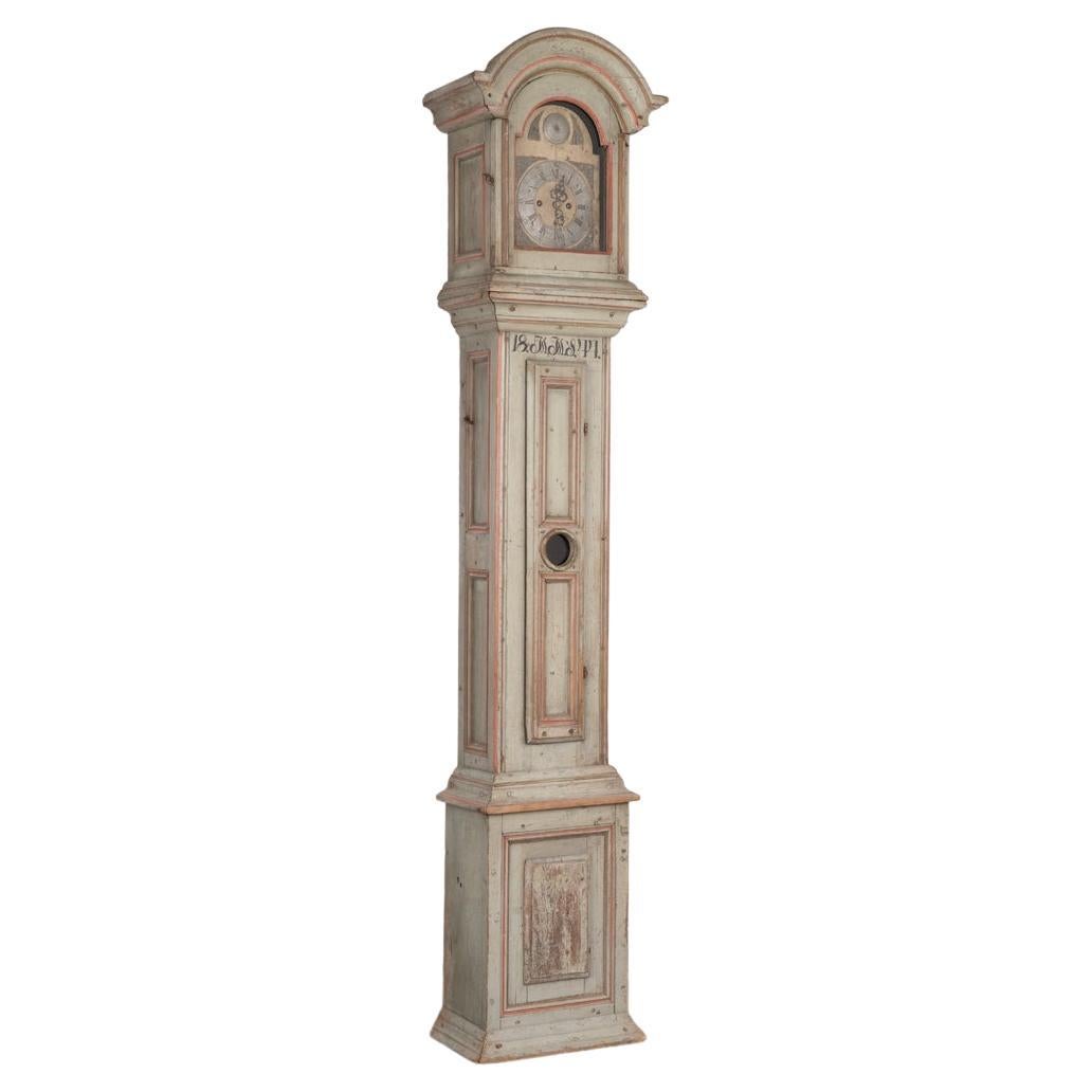 Antique Original Blue Painted Grandfather Clock, Sweden Dated 1844 For Sale