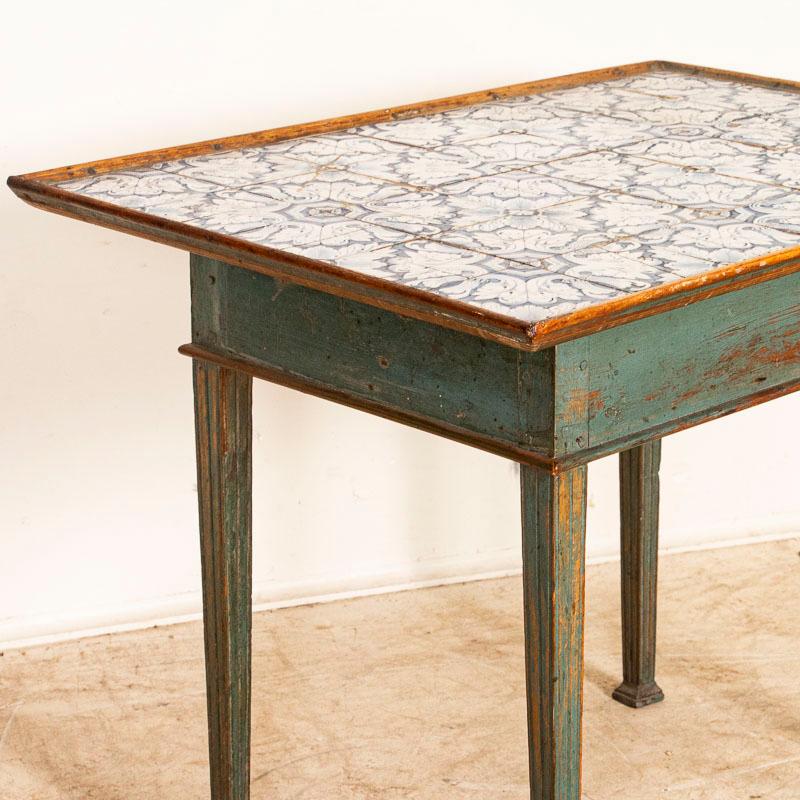 Wood Antique Original Blue Painted Louis XVI Tile Top Side Table from Sweden