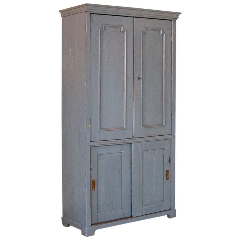 Antique Original Blue Painted Narrow Storage Cabinet with Extra Interior Shelvin